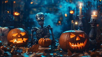 A spooky Halloween scene with glowing jack-o'-lanterns, a skeleton, and lit candles in a dark forest.