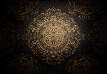 Wall Mural - Ornate Golden Mandala on Black Background