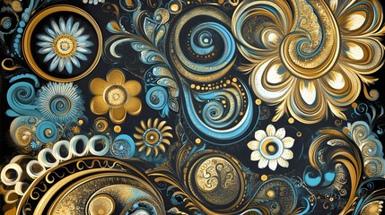 Wall Mural - Abstract Floral Pattern with Gold and Blue Swirls