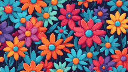 Wall Mural - Seamless pattern with colorful flowers on a dark blue background.