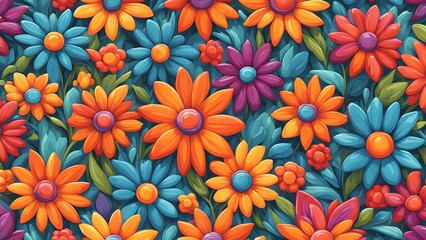 Wall Mural - Seamless pattern with colorful cartoon flowers on a dark blue background.