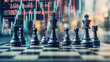 © seksun - A chessboard with stock symbols as pieces, mid-game, representing the strategy of trading