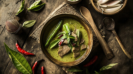 Wall Mural - Thai Green Curry with Beef  Rustic Minimalism Thai Farmhouse Kitchen  A rustic serving of Thai green curry with tender beef, bamboo shoots, and Thai basil