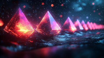 Stunning digital art featuring glowing pyramids in a vibrant, colorful environment filled with shimmering light effects.