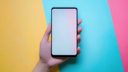 close-up hand holding smartphone blank screen for text and content with pastel background