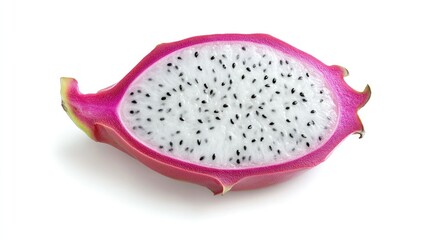 Wall Mural - A close-up of a slice of dragon fruit with its white flesh and black seeds, isolated on a clean white background