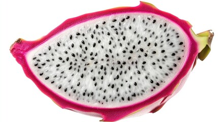 Wall Mural - A close-up of a slice of dragon fruit with its white flesh and black seeds, isolated on a clean white background