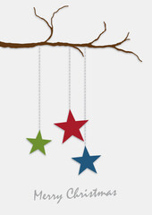 Wall Mural - Three stars hanging from a bare branch is wishing merry christmas on a white background.