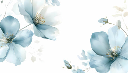 Wall Mural - Delicate blue watercolor flowers on a white background.