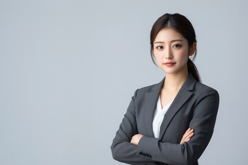 Portrait of confident young beautiful Asian Korean businesswoman in suit standing with arms crossed and looking at camera. Gray studio background. Isolated.