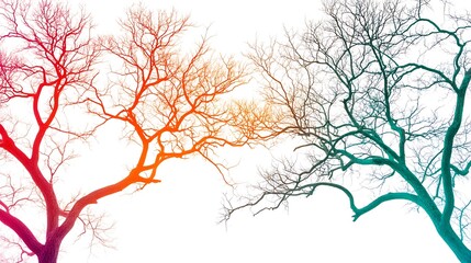 Two bare trees with vibrant colored branches against a white background