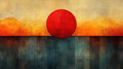 Abstract landscape with a large red sun and textured background.