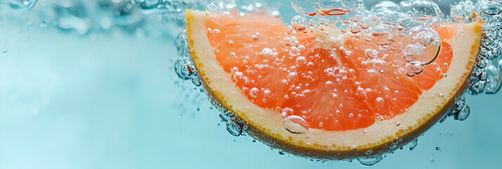 Wall Mural - Refreshing Grapefruit Slice in Water with Bubbles