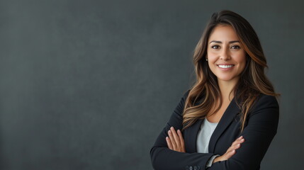 Portrait of confident beautiful American businesswoman in suit standing with arms crossed and looking at camera. black studio background. Isolated.	