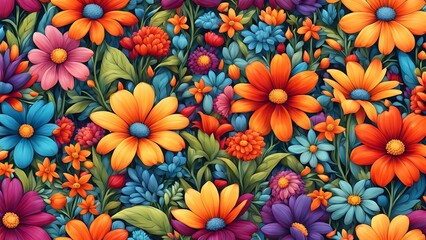 Wall Mural - A vibrant and colorful seamless pattern of various flowers in shades of orange, yellow, blue, pink and purple with green leaves.