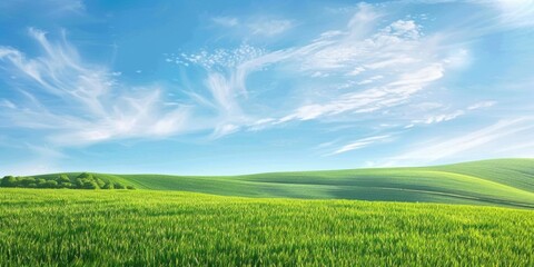 Wall Mural - Green grass field under a blue sky in a rolling summer landscape