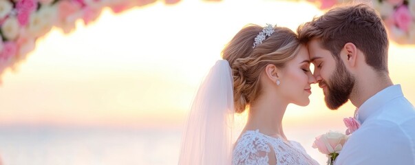 A sweet newlywed couple sharing a beach kiss.