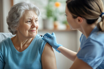 nurse's hand giving an injection to a senior woman