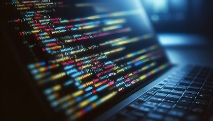 Close-up shot of colorful programming code on a dark screen with a tilt-shift lens effect, underlying a technology concept