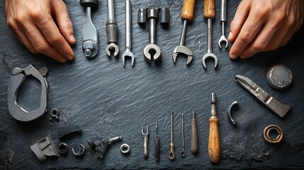 Car mechanic equipment on gray stone table