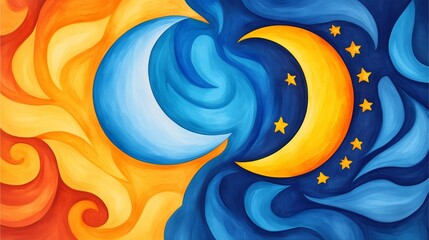 Sun and Moon Harmony: Artistic sun and moon with swirling abstract shapes in vibrant colors.