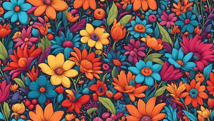 Wall Mural - Vibrant floral pattern with various colorful flowers on a dark background.