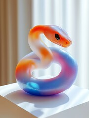 Wall Mural - Bright colored frosted glass 3D snake floats on a white background, Cute, personified, placed on the white display rack in the exhibition hall for year of snake 2025