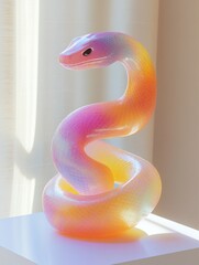 Wall Mural - Bright colored frosted glass 3D snake floats on a white background, Cute, personified, placed on the white display rack in the exhibition hall for year of snake 2025