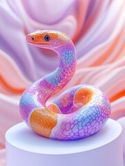 Wall Mural - Bright colored frosted glass 3D snake floats on a white background, Cute, personified, placed on the white display rack in the exhibition hall for year of snake 2025