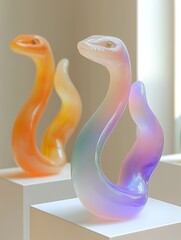 Wall Mural - Bright colored frosted glass 3D snake floats on a white background, Cute, personified, placed on the white display rack in the exhibition hall for year of snake 2025