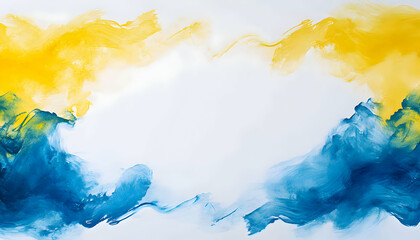 Wall Mural - Abstract watercolor painting with blue and yellow paint on a white background.