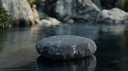 A large, smooth, gray rock sits on the surface of a calm, still body of water with rocks and greenery in the background.