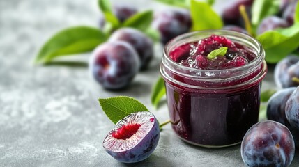 Wall Mural - Fresh plums next to a jar of homemade plum jam on a clean kitchen surface, emphasizing artisanal and fresh flavors