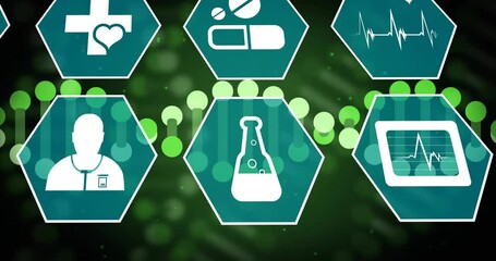 Poster - Animation of scientific data processing and medical icons over dna strand