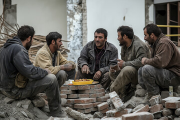 A group of men are sitting around a fire, eating and talking