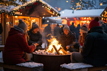 A group of people are sitting around a fire in the snow