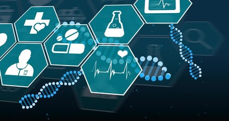 Poster - Animation of scientific data processing and medical icons over dna strands