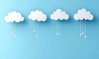 Wall Mural - Paper clouds with raindrops hanging on a blue background.