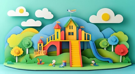 Colorful Playful Playground in Nature with Kids Trees and Sunny Sky Illustration