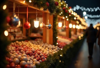 A Christmas market stall sparkles with ornaments and festive lights, brimming with holiday cheer