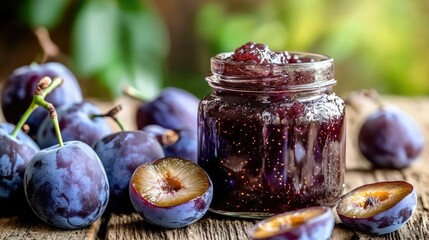 Wall Mural - Homemade plum jam in a jar with fresh plums beside it, showcasing a rustic and delicious spread