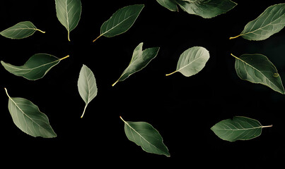 Wall Mural - Green leaves on a black background.