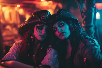 Poster - Spooky LGBT Pirate-Themed Halloween with Lesbian Couple and Subtle Rainbow Flag  