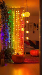 Canvas Print - Cozy LGBT Halloween Gathering with Festive Rainbow Decorations