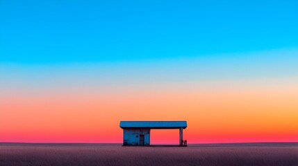 Abandoned Gas Station Silhouette in Vibrant Evening Landscape