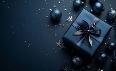 Wall Mural - Dark blue gift box with elegant blue ribbon and Christmas decorations on dark background. Top view of greeting gift with copy space for Christmas present, holiday or birthday.