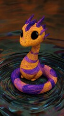 Wall Mural - Cute Cartoon Dragon with Purple and Orange Stripes Sitting on Water