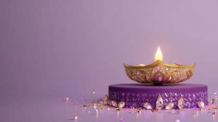 Banner design for diwali festival and purple podium,Diwali light decoration candle with fireworks,Stage,Product display Showcase design sparkle background,Deepavali,Dipavali,3D podium illustration.