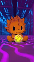 Canvas Print - Adorable Fuzzy Creature Holding a Glowing Sphere in a Neon World