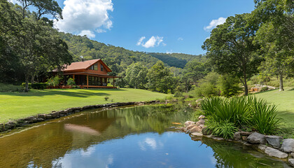 Sticker - Secluded cabin nestled on a grassy knoll overlooking a tranquil pond, surrounded by lush green trees and a scenic mountain backdrop.